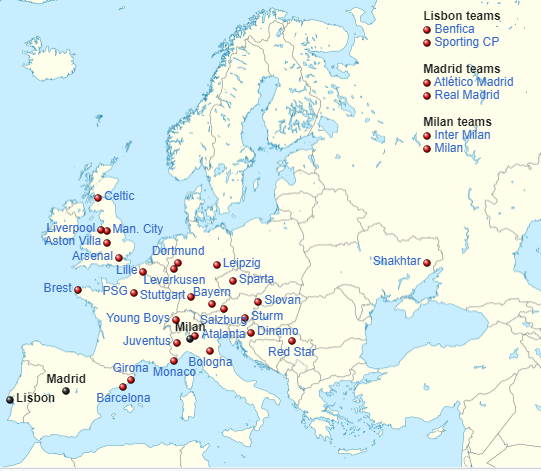 Location of teams of the 2024–25 UEFA Champions League league phase